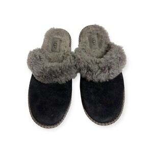 UGG  Suede Sheepskin‎ Slippers Black Grey Fur Shearling Mules Womens Sz 5
